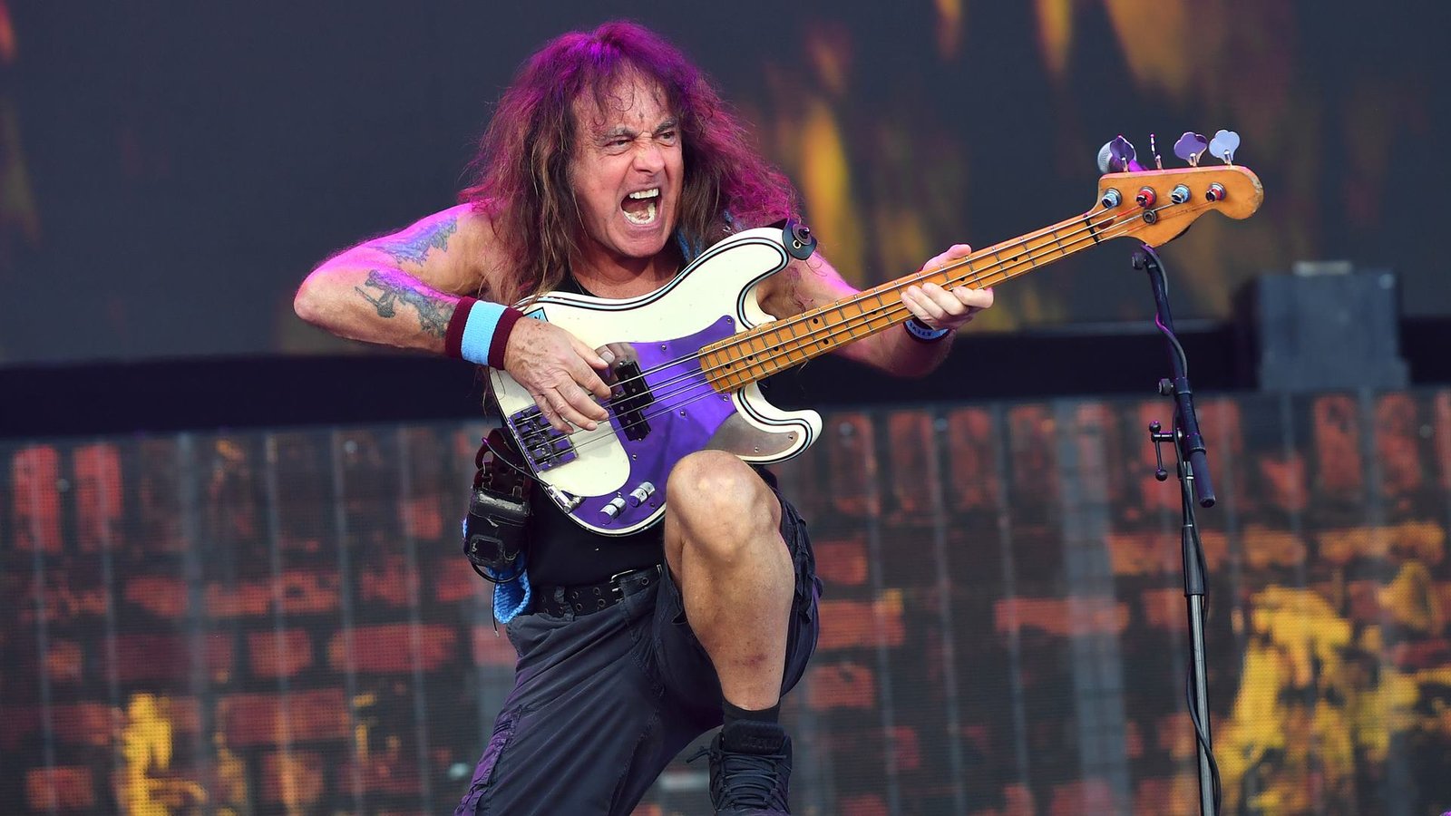 Steve Harris durante show do Iron Maiden no Eddfest, em 2026 (Foto: Jim Dyson / Getty Images)
