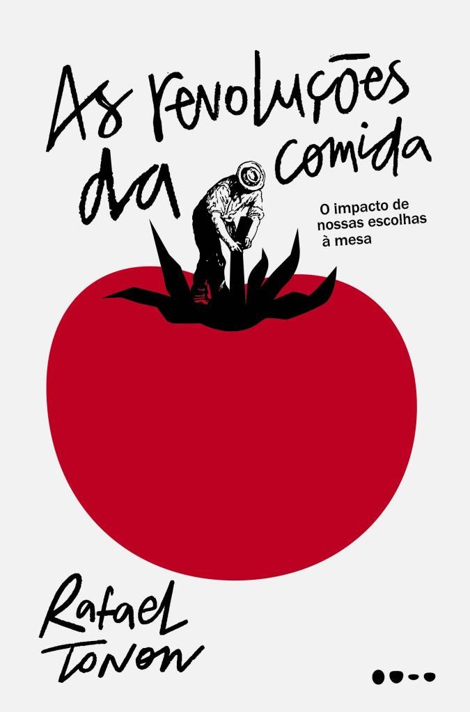 Capa de um livro com uma ilustração de um grande tomate e fundo branco