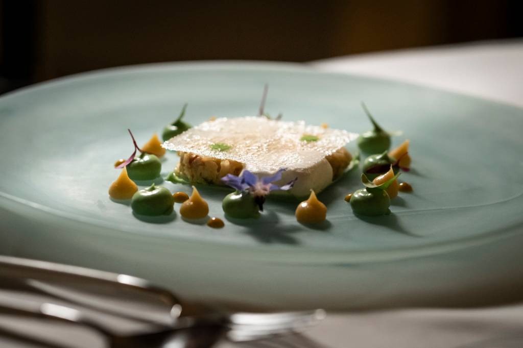 Um prato do restaurante: um mosaico de gotas verde e amarelo